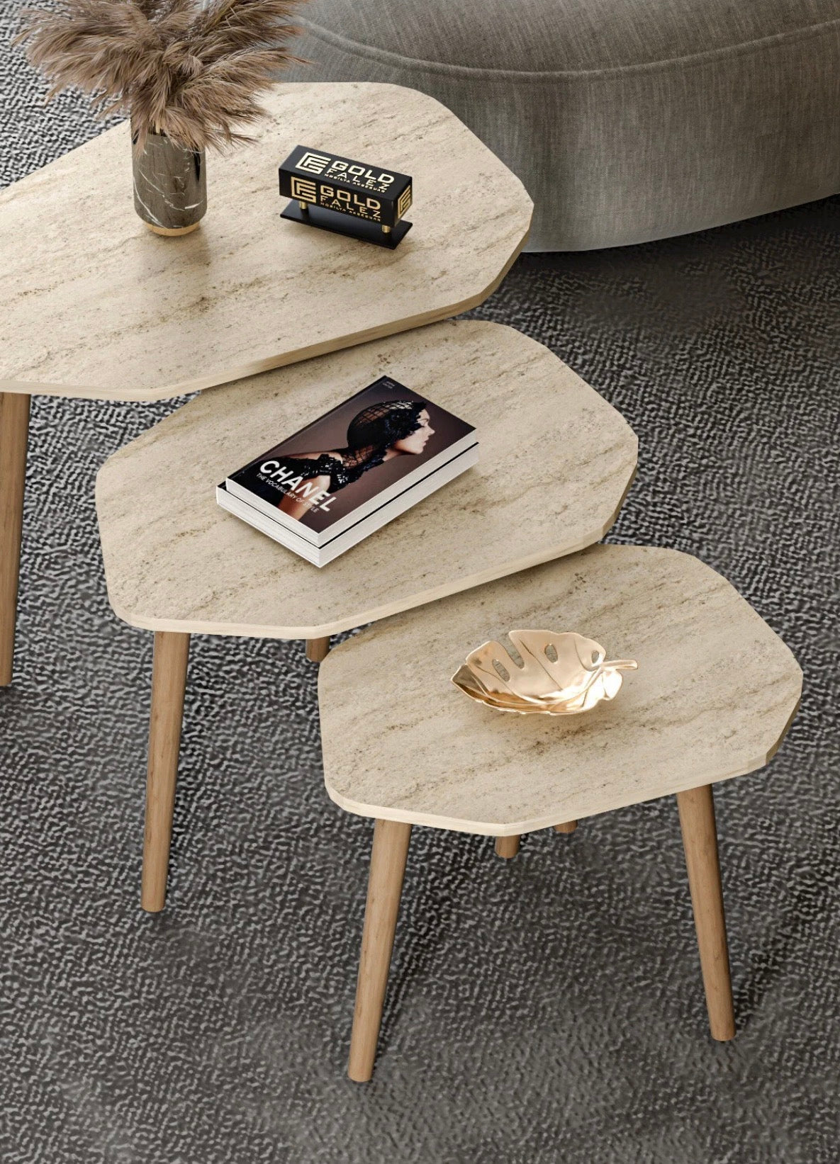 Goldfalez 5 Zigonbord Sett (3 stk) – Travertin / Marmor Look | Moderne Sidebord & Sofabord