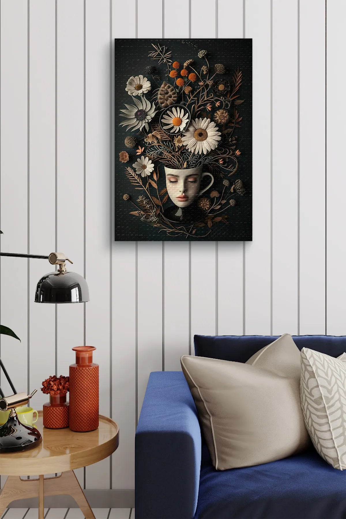 InkSyncStudios – Kopp med Ansikt og Blomster | Illustrativt Oljemaleri på Lerret