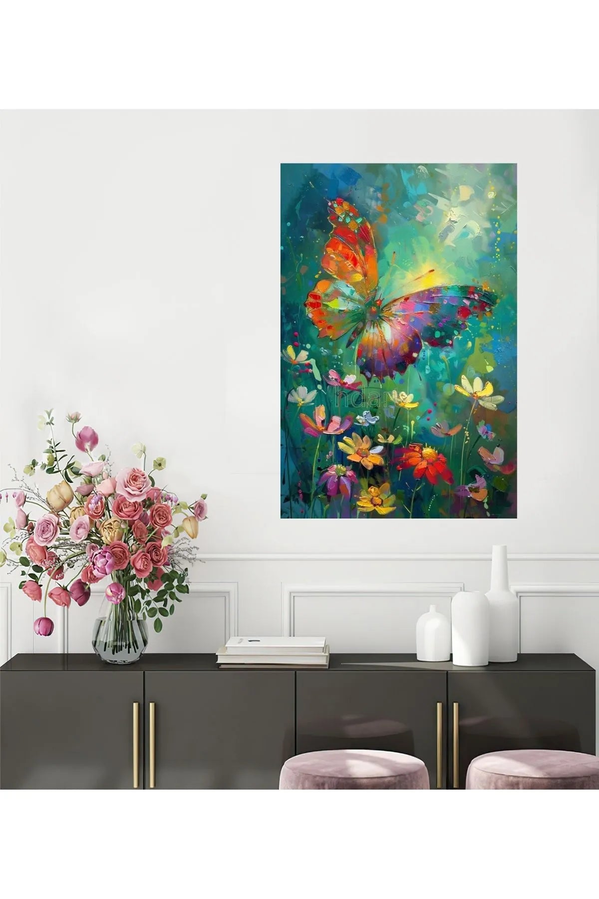 HDART Abstrakt Blomster og Sommerfugler Lerretstrykk – Poetisk Veggkunst