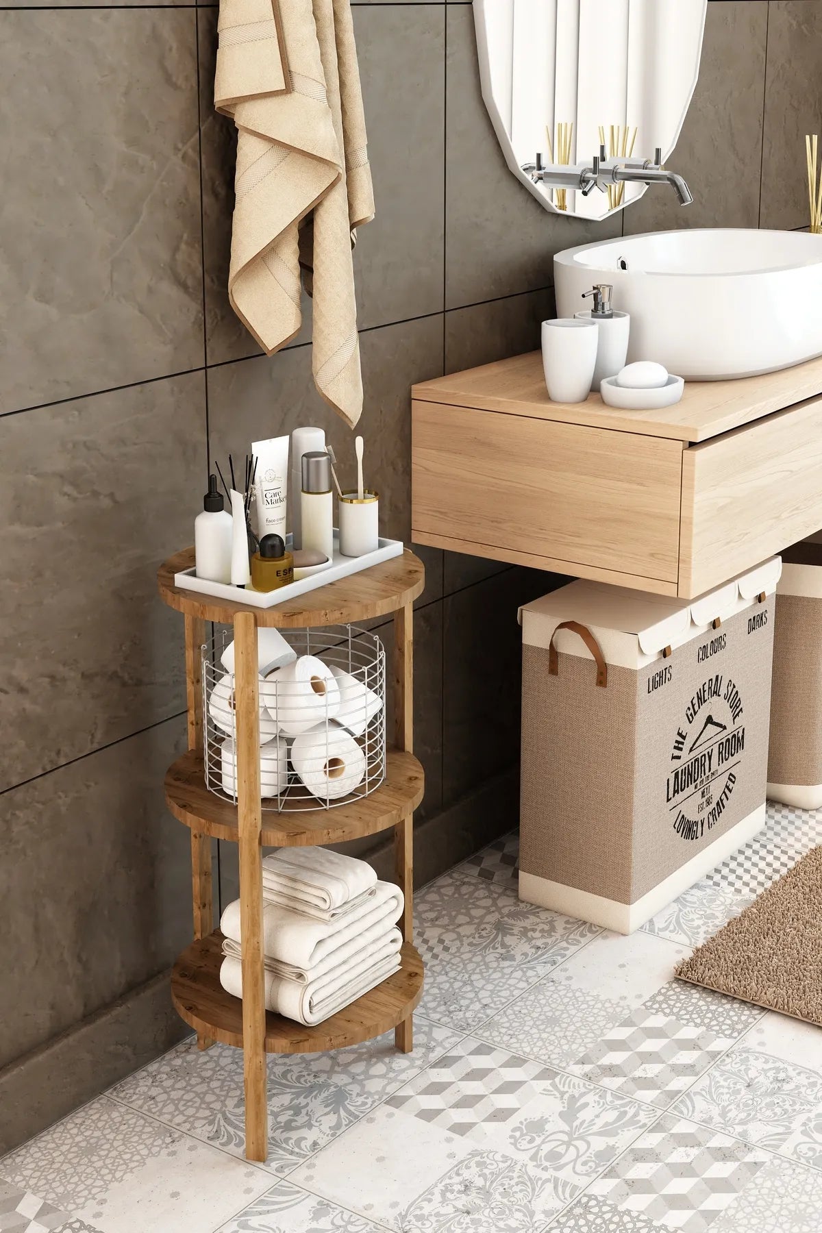 Rundt Sidebord med hyller 70 cm