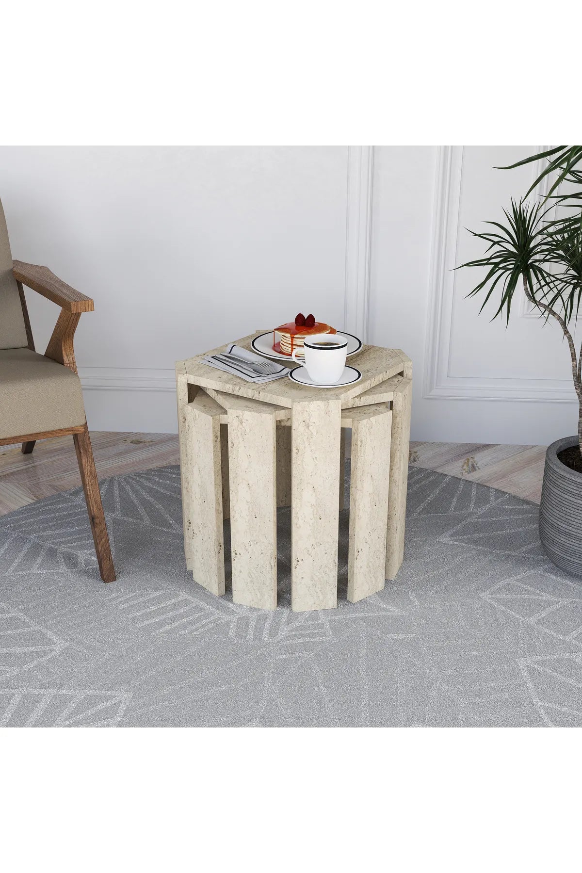 Alonex-Azra Zigonbord – Sett med 3 stk | Travertin-look | Moderne og Plassbesparende Design