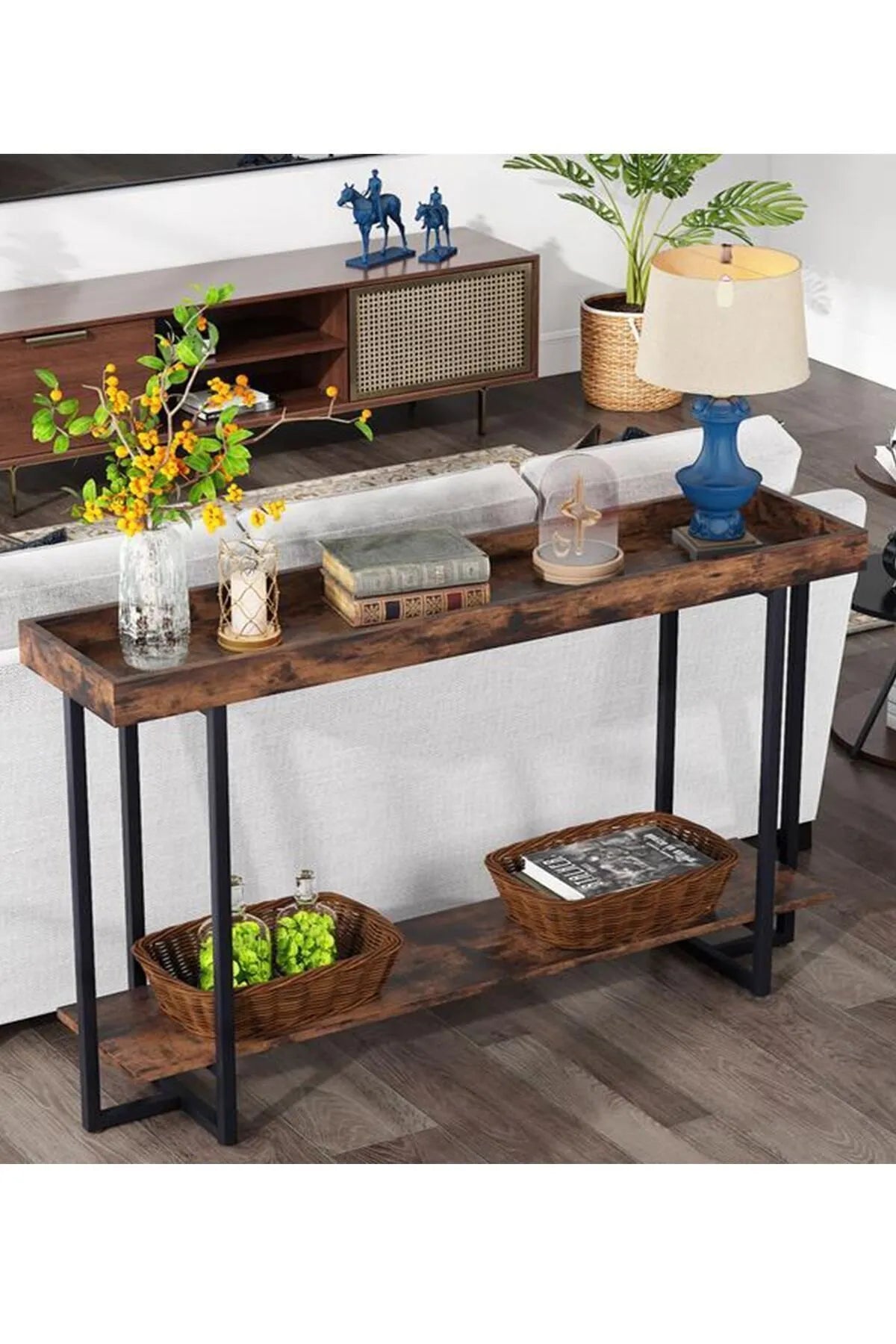 Valnøttfarget Konsollbord 140x85 cm med Stilig Metallprofiler