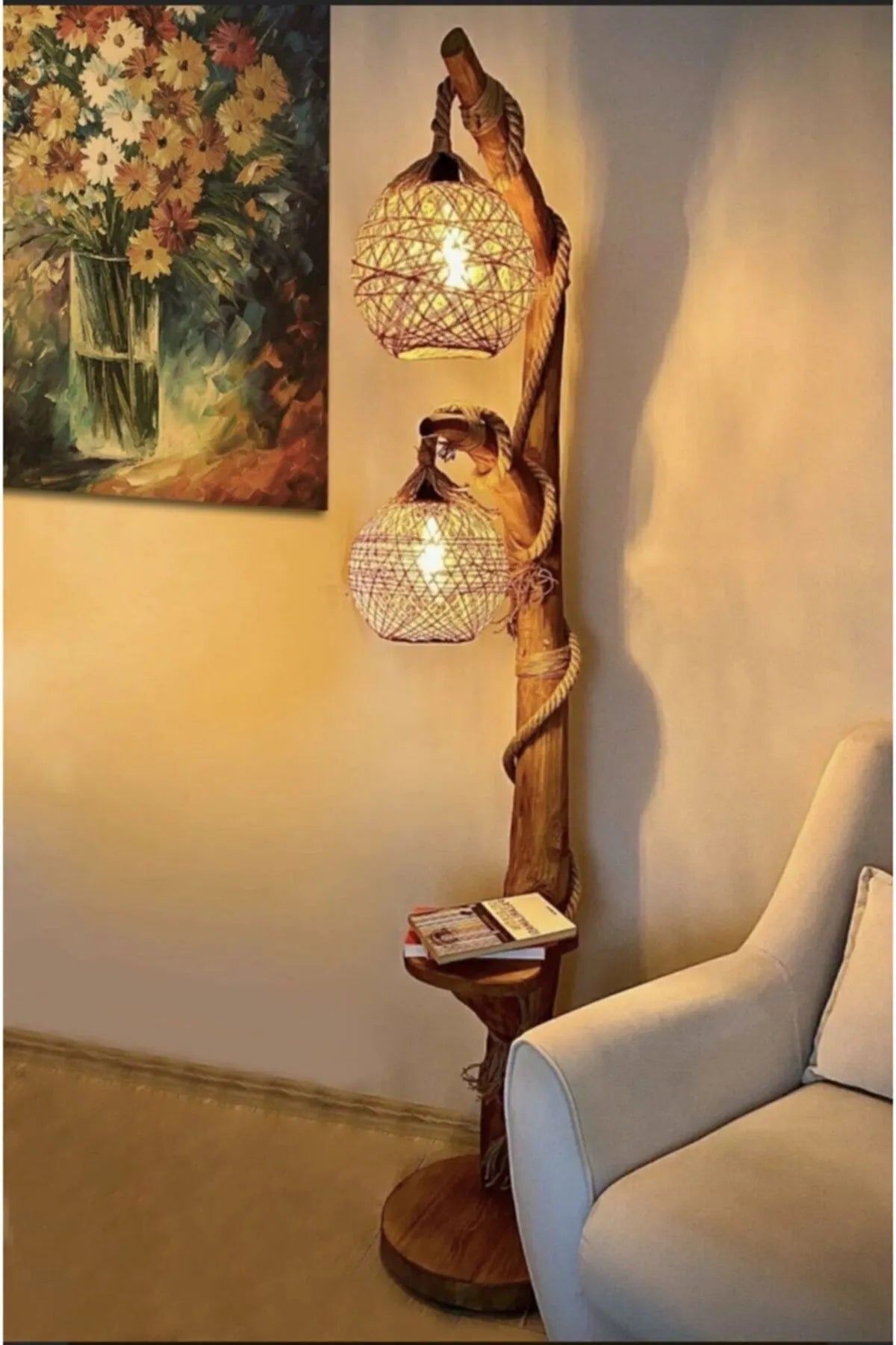 Håndlaget Naturlig Trelampe med Dobbel Kule - 140 cm (Rustikk Design)
