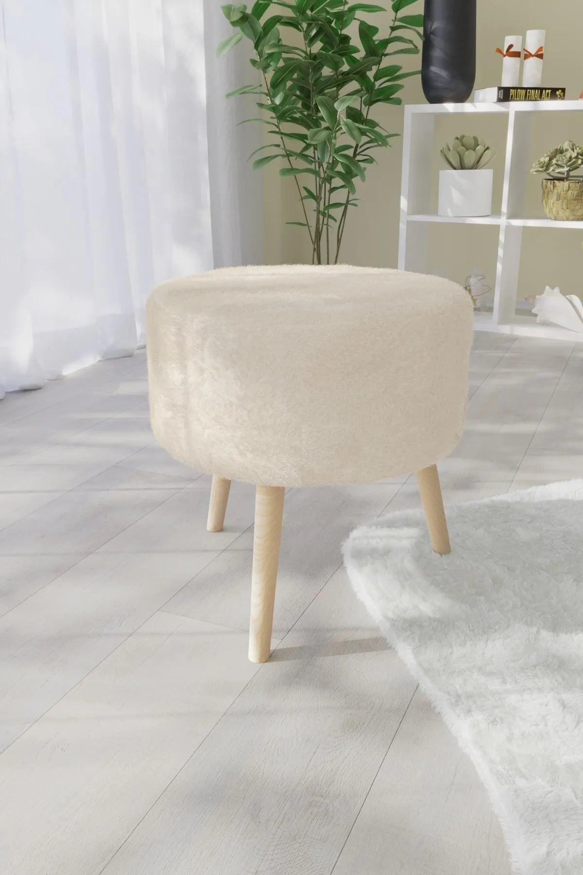 YAPKAR Rund Puff i Krem Teddy med Naturfargede Gürgen Trebein – Myk og Elegant