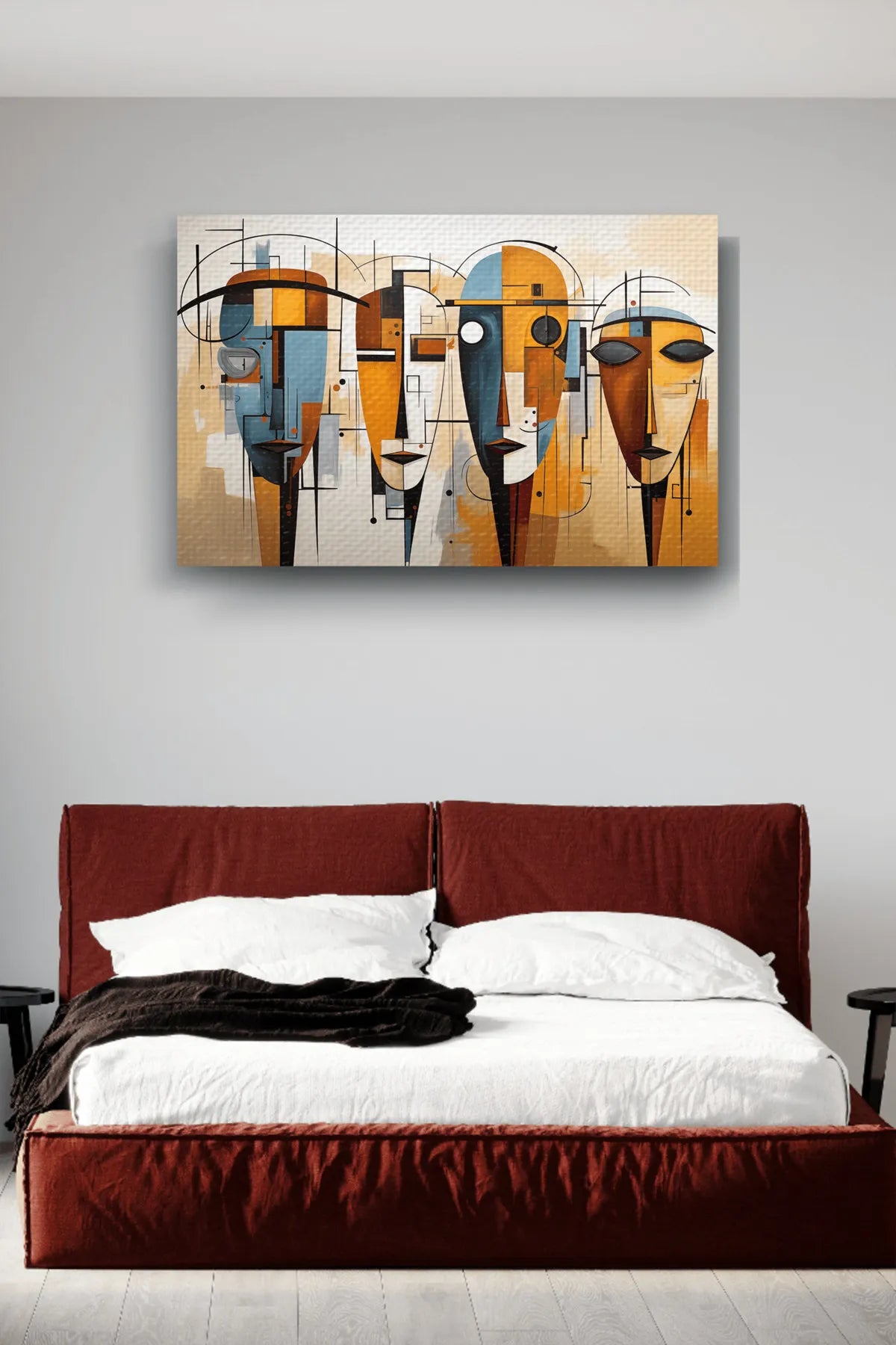 InkSyncStudios – Kubistiske Tredemasker | Moderne Oljemaleri på MDF (med ramme)