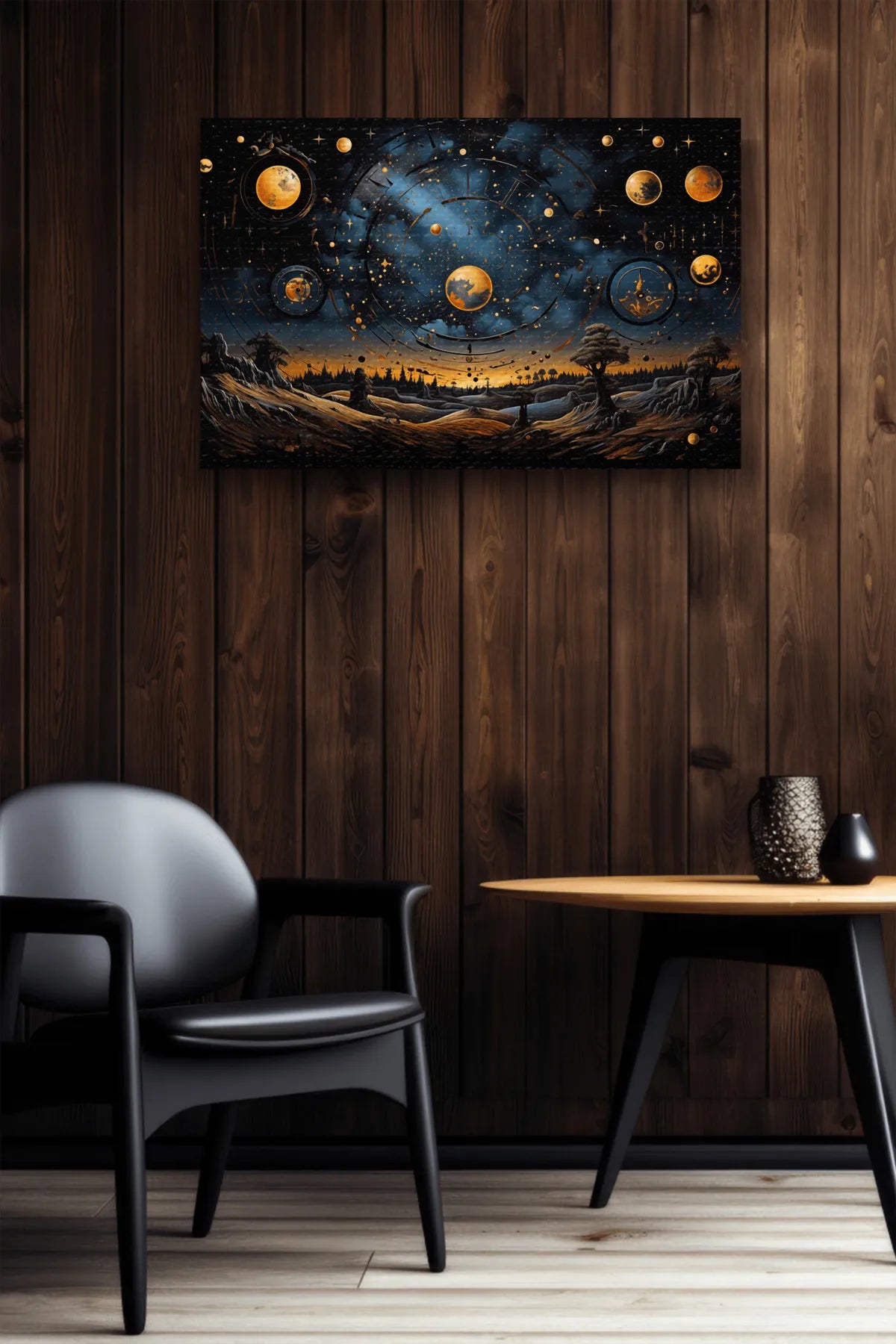 InkSyncStudios – Kosmisk Kunst med Planetdetaljer | Liggende Oljemaleri på MDF (med ramme)