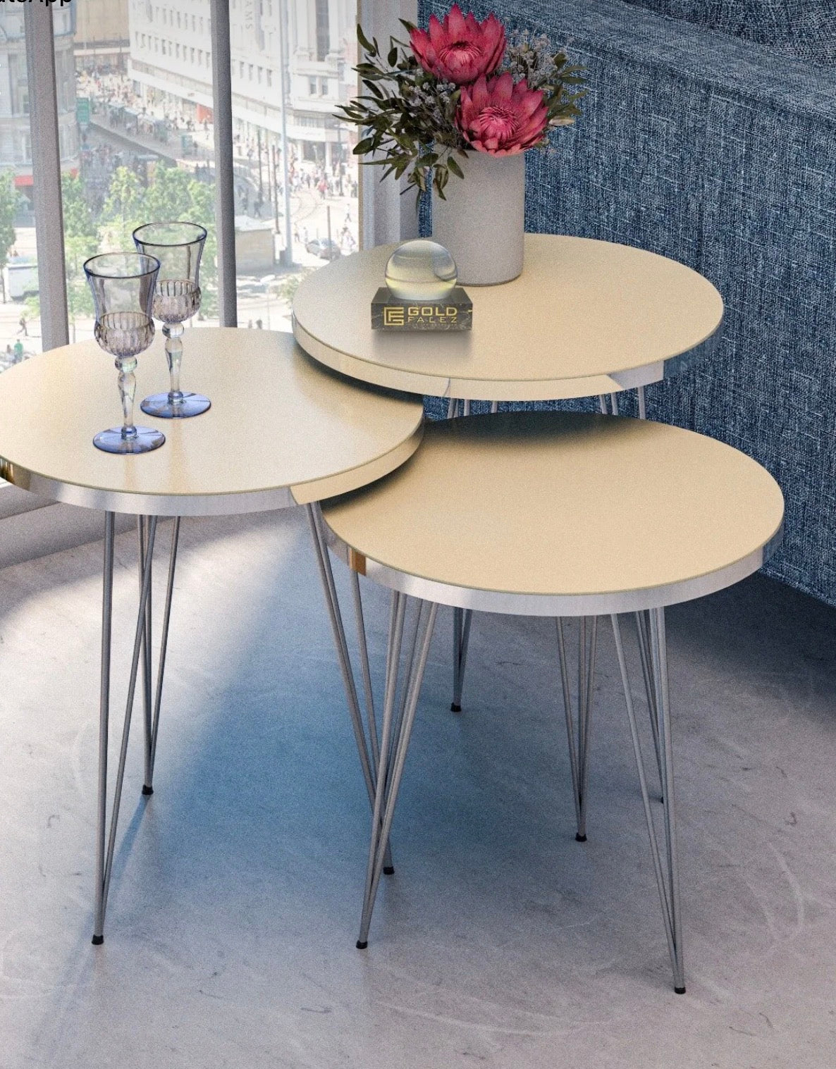 GOLDFALEZ 1093-3-delt Zigonbord – Sølv & Krem | Moderne Sidebord med Metallben