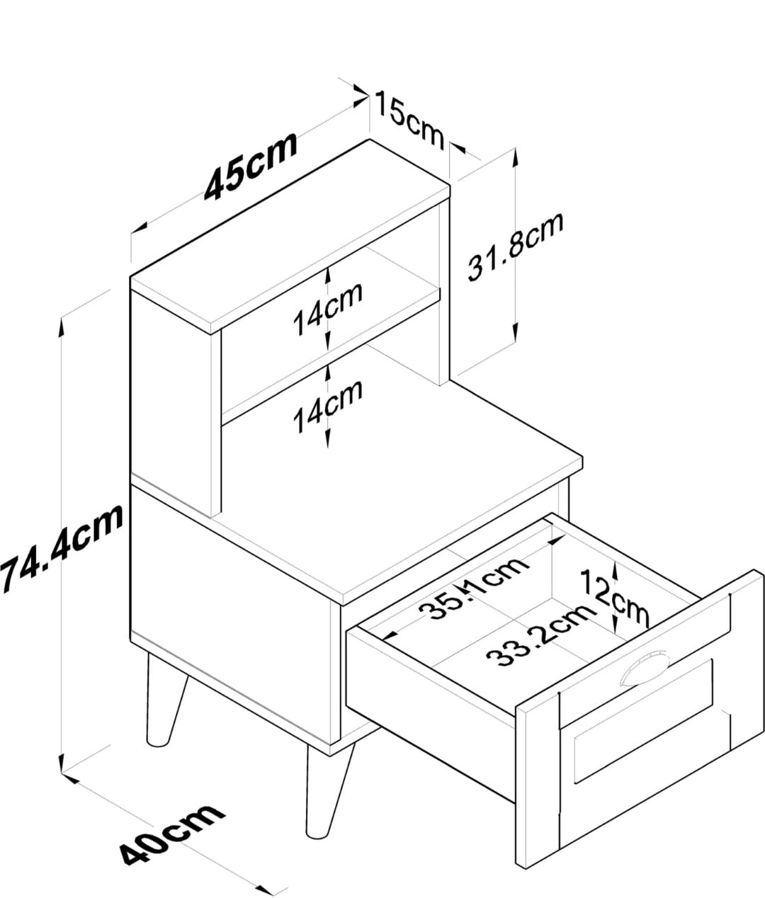 Nattbord med 2 hyller Membranskuff Nattbordskurv Valnøtt