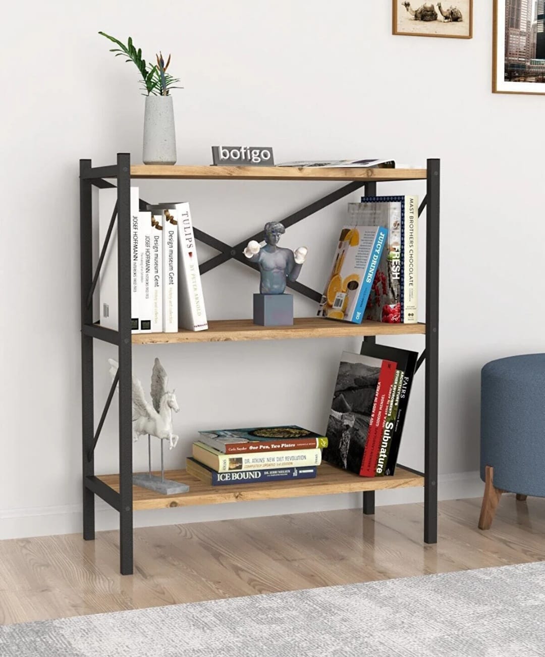 "Bofigo Dekorativ 3-hylle Bokhylle i Metall Furutre"