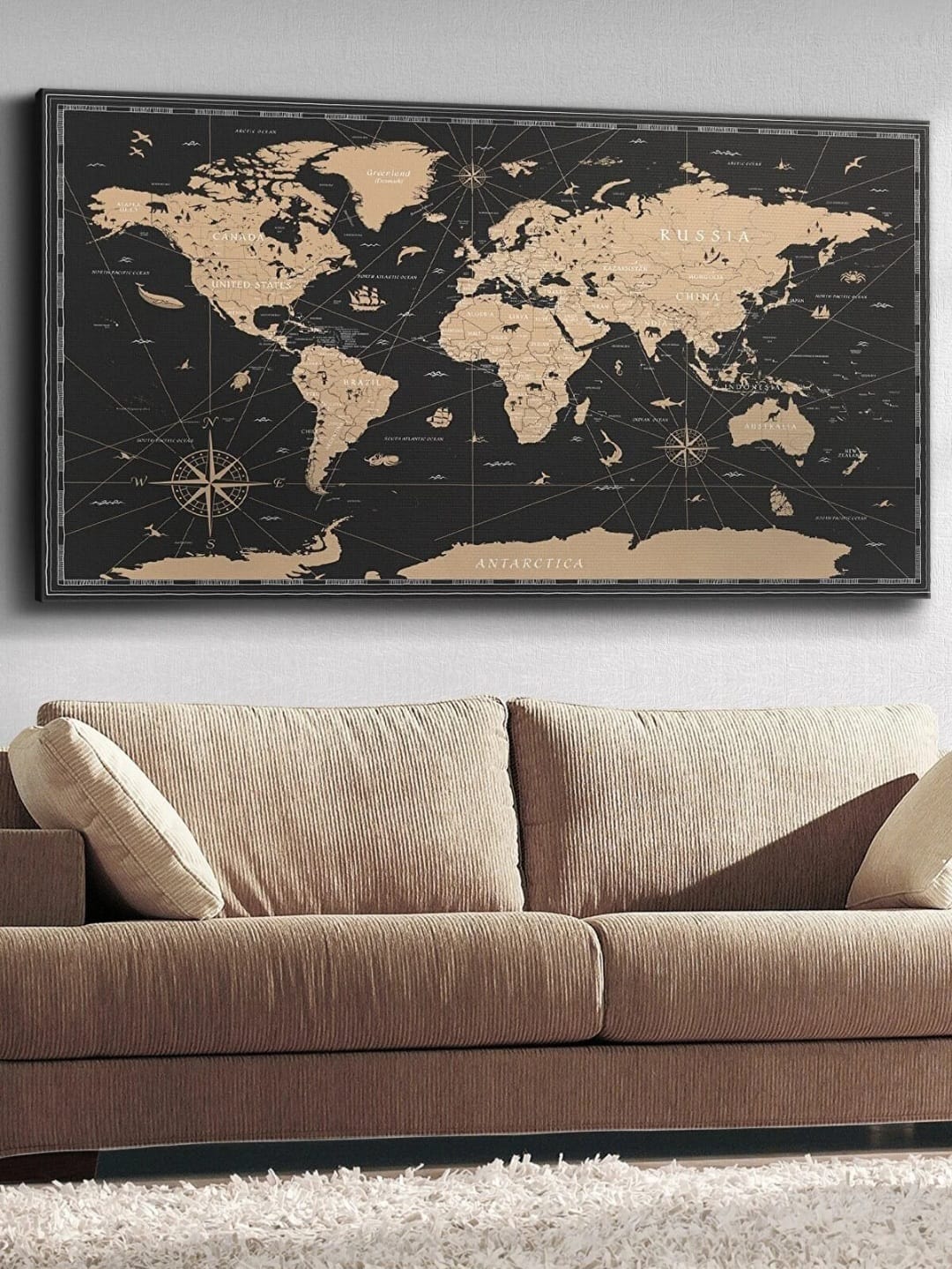 Vintage Verdenskart Lerretbilde 65x100 cm – Klassisk Veggdekor med Ramme