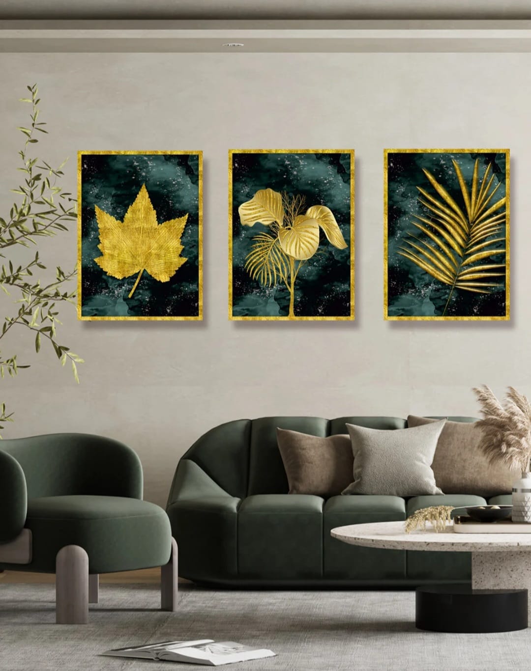 Fantastisk Harmoni mellom Gull og Grønt – Tre-delt Bilde Sett med UV-utskrift