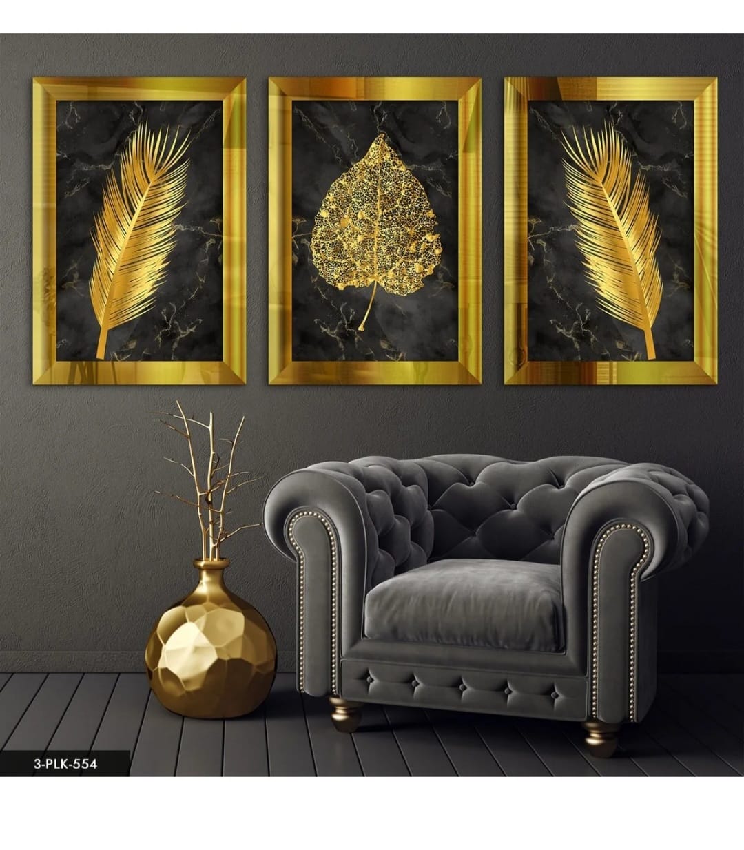 Blomsterblad Gull Pleksispeil – 3-delt Bilde – 120x60 cm / 90x40 cm – Høy Kvalitet