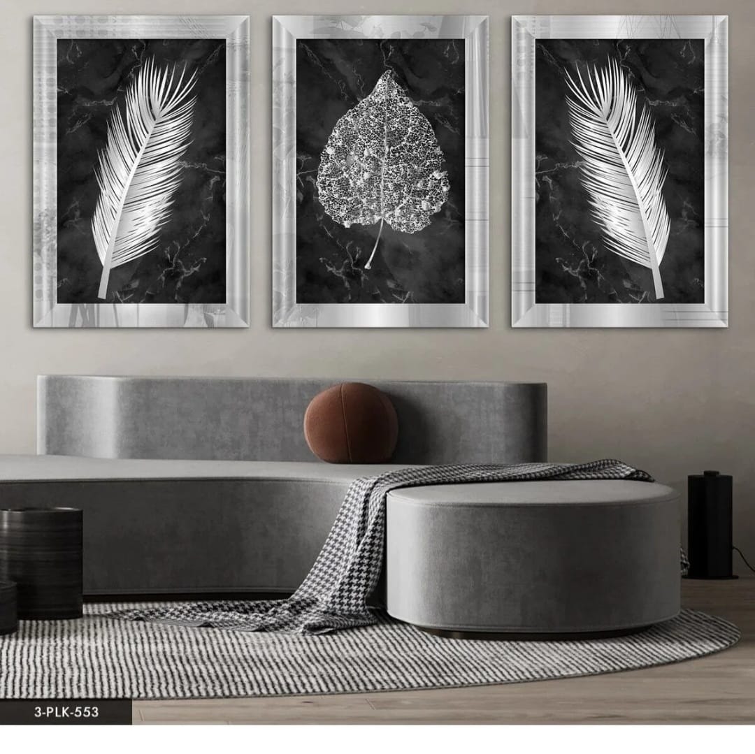 Blomst-blad Sølv Pleksispeil – 3-delt Bilde – 120x60 cm / 90x40 cm – Høy Kvalitet
