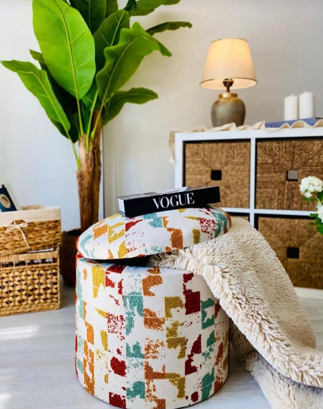 WEBPANYA X-Large Håndlaget Oppbevaringspuff i Vevd Stoff – Sylinderformet Dekorativ Benk