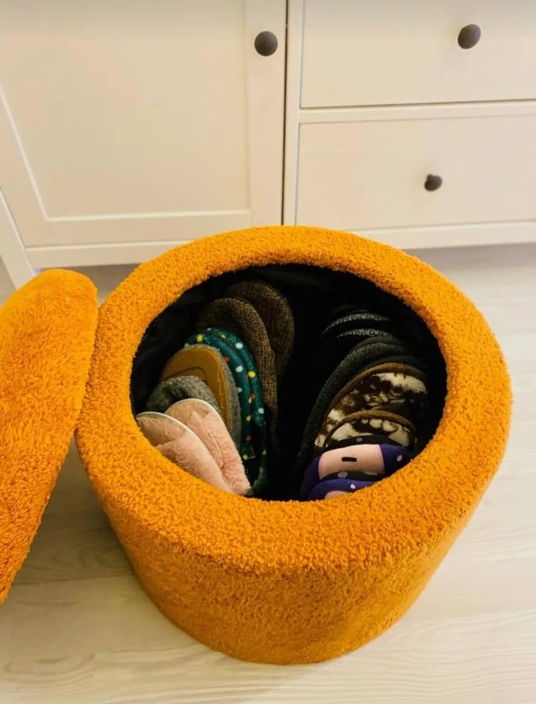 WEBPANYA X-Large Oransje Teddy Stoff Puff med Oppbevaring – Sylinderformet Dekorativ Benk