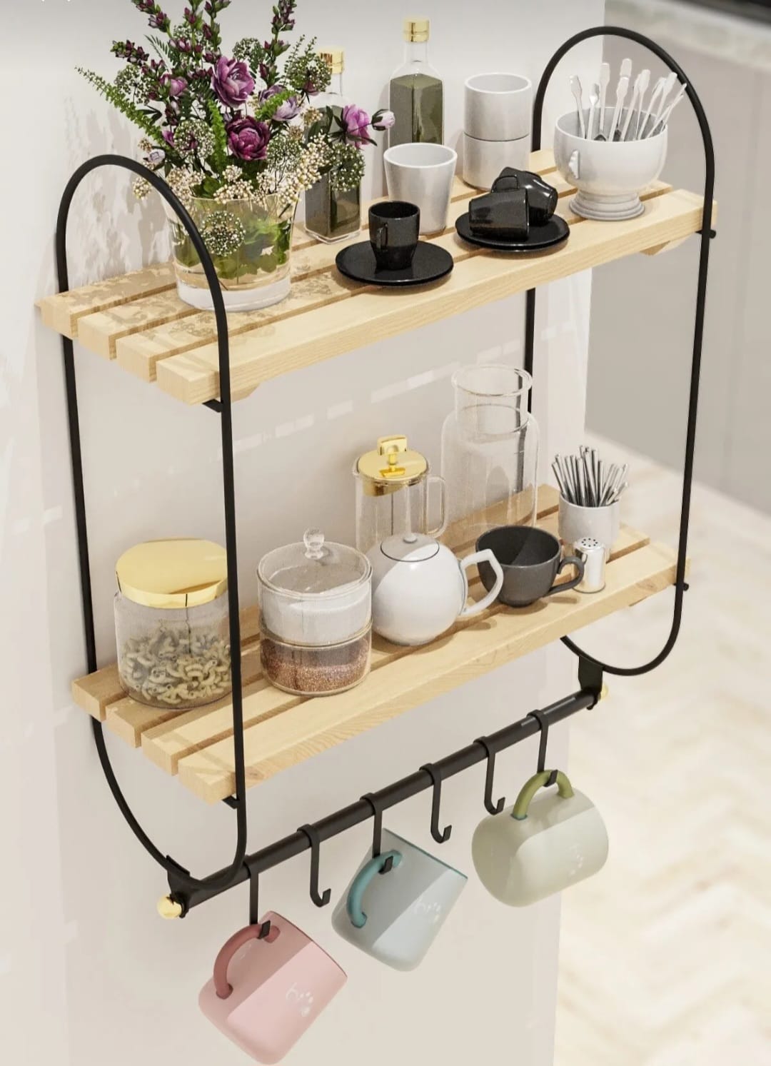 Bino Kjøkkenhylle med Krokholder for Kopper og Krus – Naturlig Furuhylle med 6 Kroker