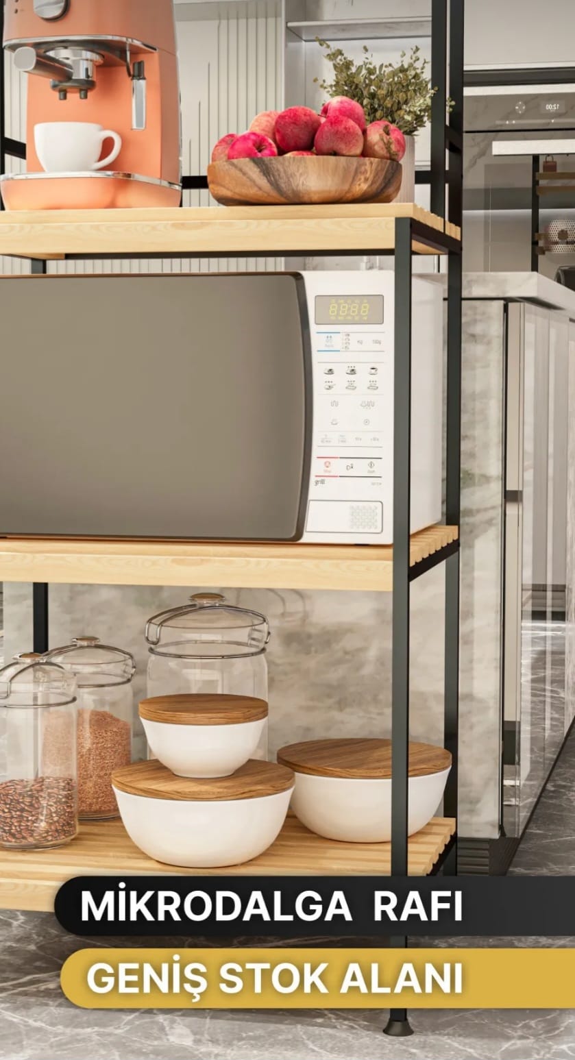 Bino Allsidig Kjøkkenskap og Mikrobølgeovn Hylle – 5-etasjes Organisator med Naturlig Tre Finish