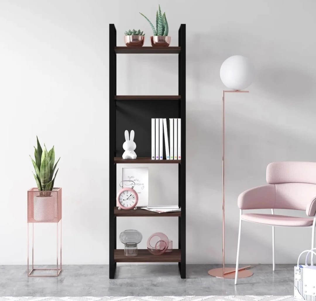 Ruum Store Meta Slank Bokhylle – Metallramme med Valnøtt Finish