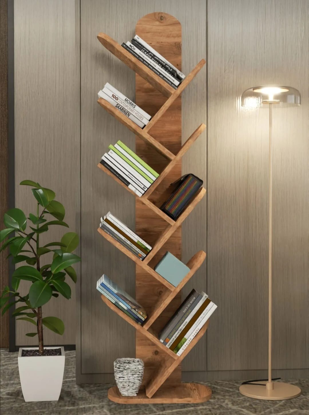 GOLDFALEZ 10-Roms Bokhylle – Dekorativ og Praktisk | Valnøtt (147 x 40 x 36 cm)