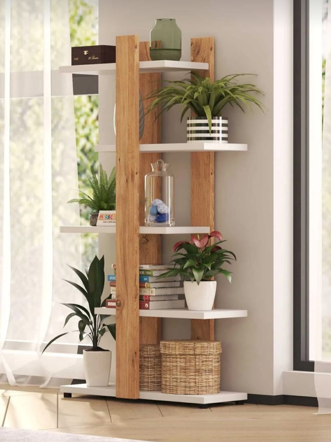 MIRACLE 3D Dekorativ Blomsterhylle med 5 Hyller – Furu & Hvit