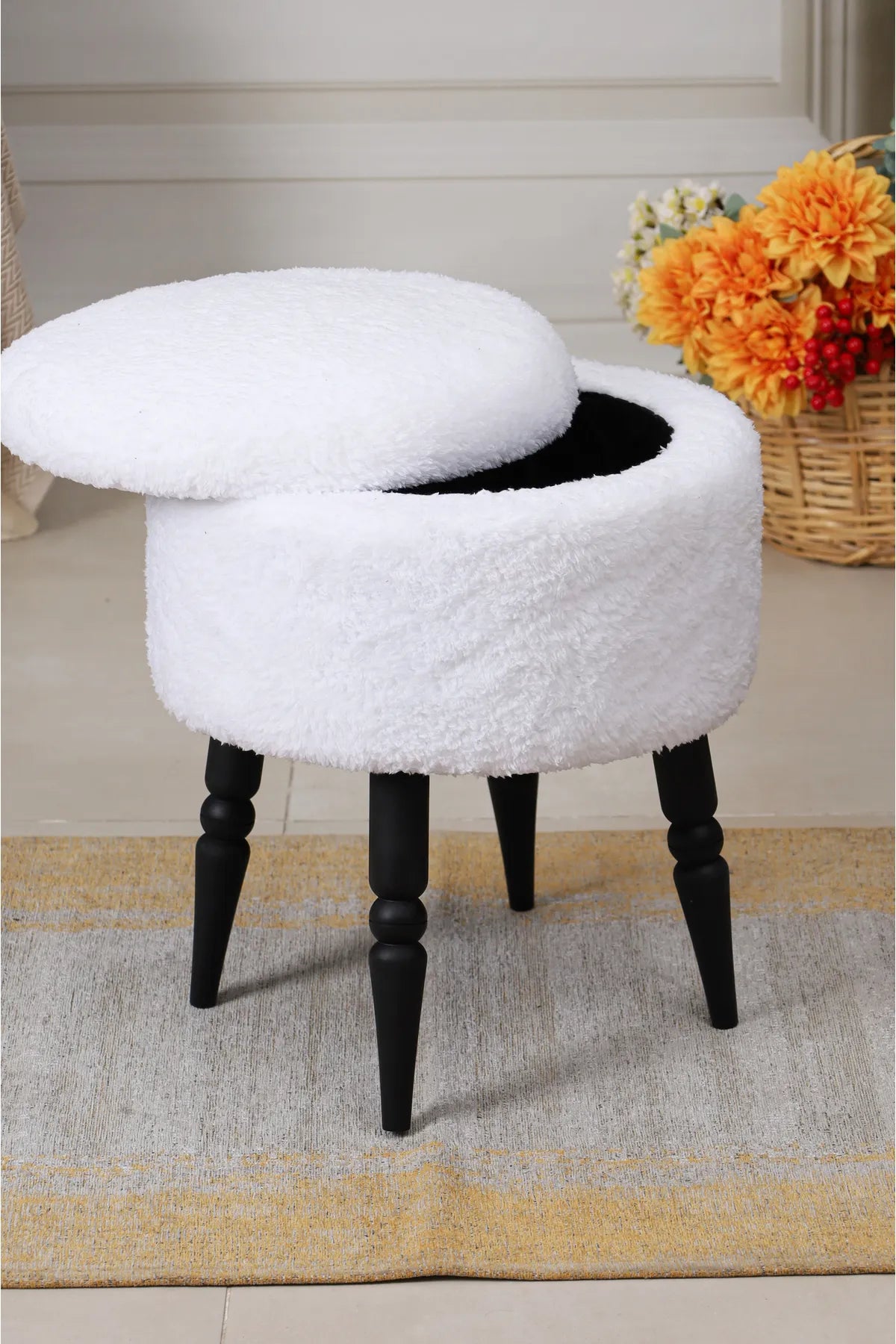 PUFMANYA TUĞBA MIX plysj Retro oppbevaringsbenk – Premium trebenk med stilig benk