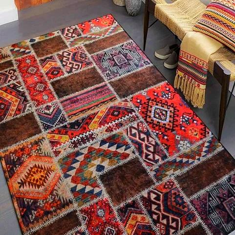 Digitalt trykt sklisikkert punktbase Maskinvaskbart Moderne Patchwork-mønstret teppe