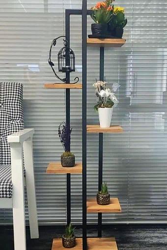 Blomsterhylle 6-seksjonshylle i massivt tre med metallramme