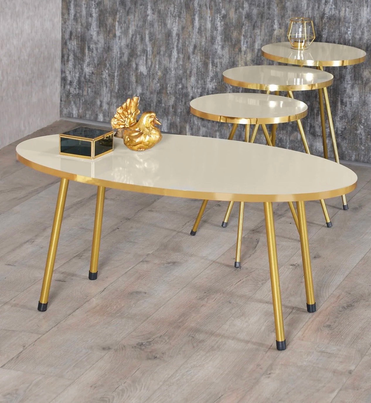 Goldfalez 3078 Sofabord + Zigonbord Sett (4 deler) – Gull &amp; Krem | Oval Design med Metallben