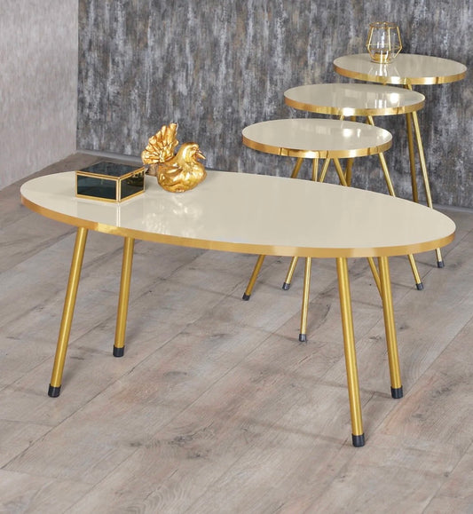 Goldfalez 3078 Sofabord + Zigonbord Sett (4 deler) – Gull &amp; Krem | Oval Design med Metallben
