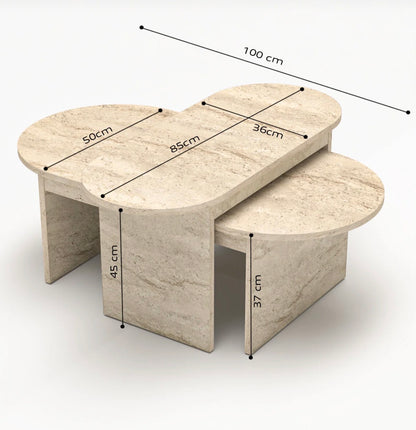 GOLDFALEZ 3 Sofabord &amp; Sidebord Sett (2 stk) – Travertin / Marmor Look | Skandinavisk Design