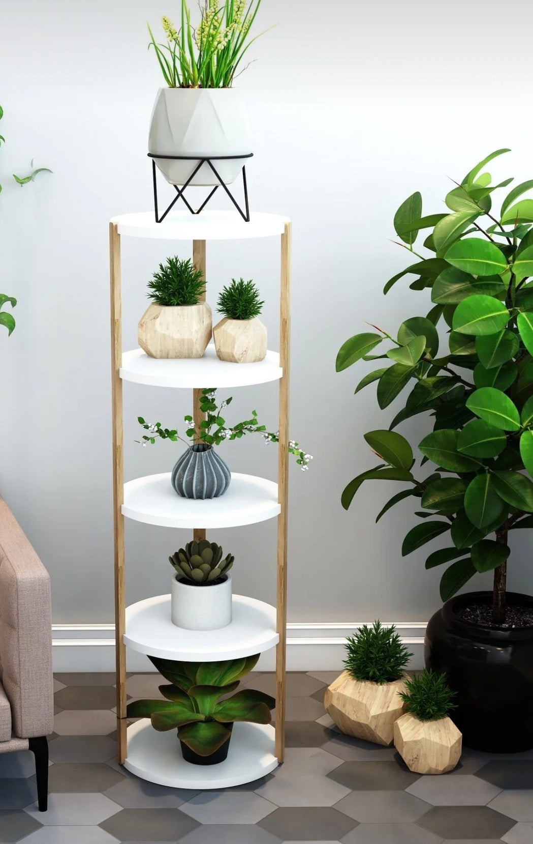 Jest Decor 5-Miray Rund Hvit Hylle i Tre – 5 Etasjer | Sidebord, Plantehylle og Dekorativ Oppbevaringshylle