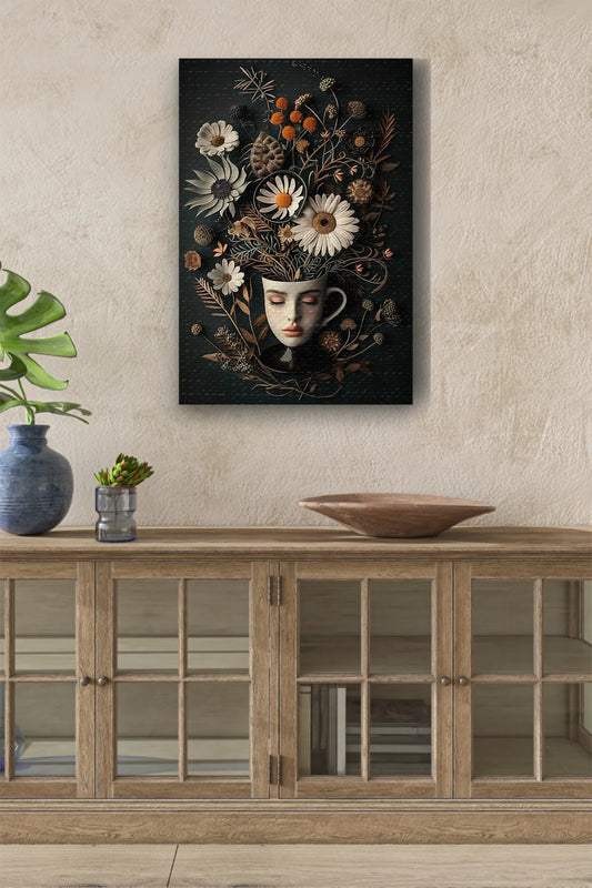 InkSyncStudios – Kopp med Ansikt og Blomster | Illustrativt Oljemaleri på Lerret