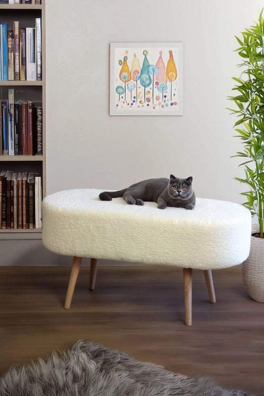 YAPKAR Retro Oval Benkepuff med Trebein – Hvit Teddy, Elegant og Komfortabel