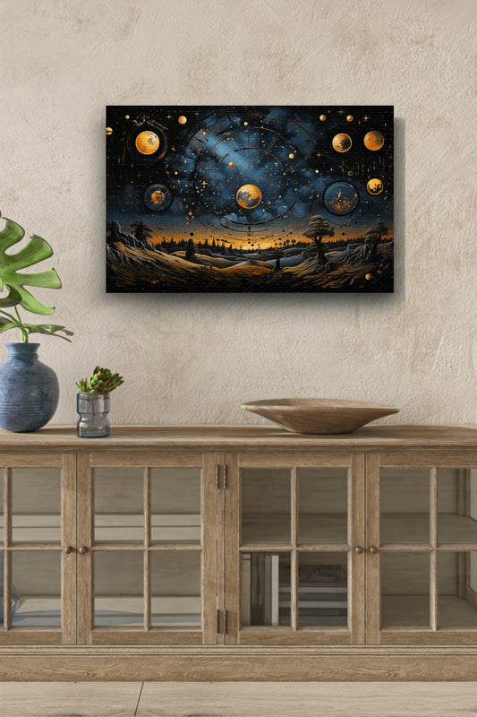 InkSyncStudios – Kosmisk Kunst med Planetdetaljer | Liggende Oljemaleri på MDF (med ramme)