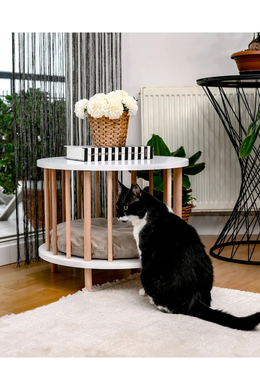 Toprakhome Rund Katteseng-Bord | 2-i-1 Bord og Kattely | Ekru | Ø54 cm | Gummitre &amp; Komfortpute