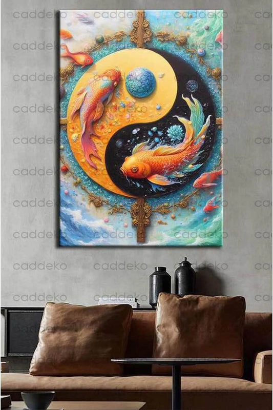 Feng Shui Yin Yang og Fisk Lerretsmaleri (Fngs20) – Moderne Veggdekor med Balanse og Lykke