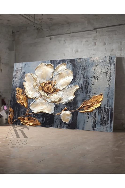 AR AJANS Dekorativ Hvit Blomst Lerretstrykk – Oljemaleri-Inspirert Veggkunst