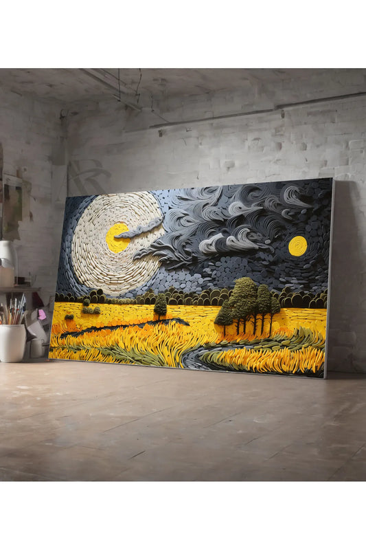 AR AJANS Lerretstrykk – "Stjerrenatt over Hvetefelt" (Inspirert av Van Gogh) – Oljemaleri-Effekt Veggdekor