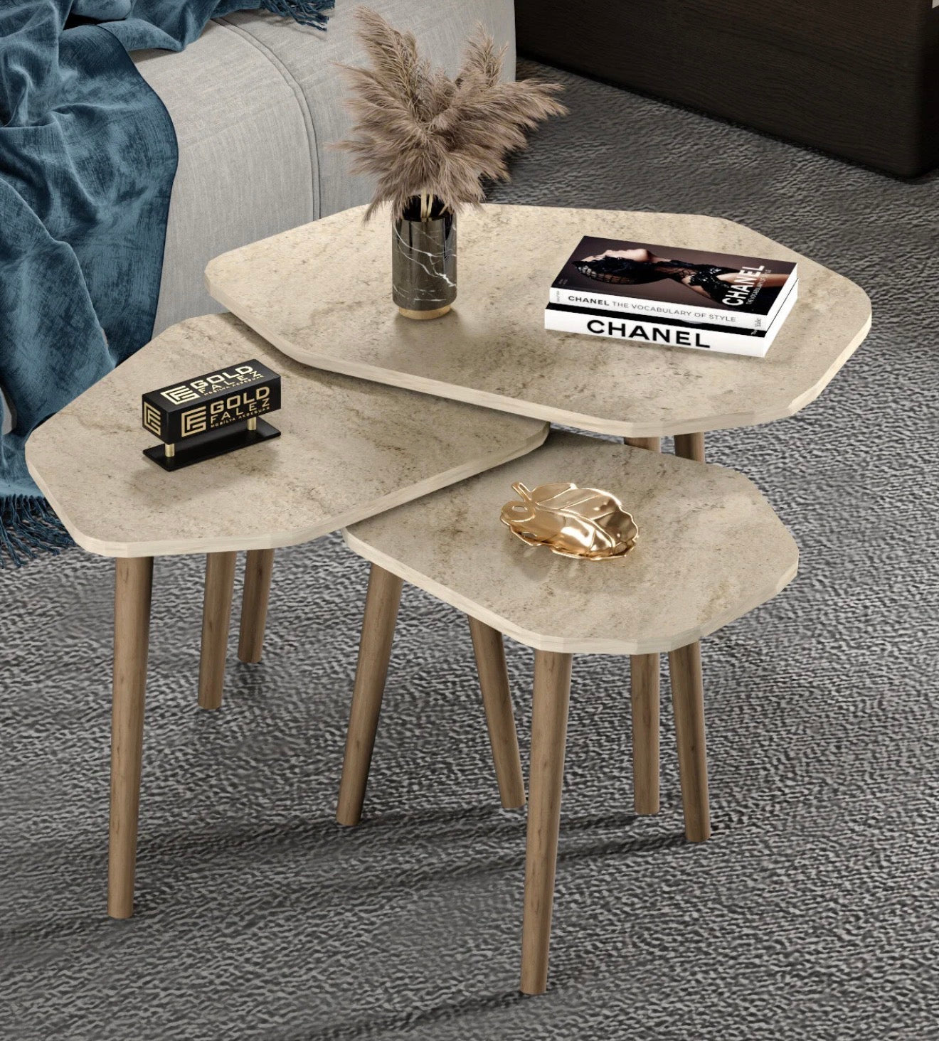 Goldfalez 5 Zigonbord Sett (3 stk) – Travertin / Marmor Look | Moderne Sidebord &amp; Sofabord