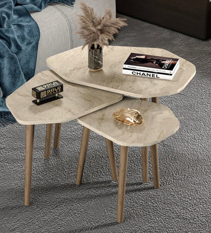 Goldfalez 5 Zigonbord Sett (3 stk) – Travertin / Marmor Look | Moderne Sidebord &amp; Sofabord