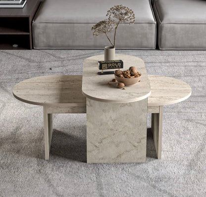 GOLDFALEZ 3 Sofabord &amp; Sidebord Sett (2 stk) – Travertin / Marmor Look | Skandinavisk Design