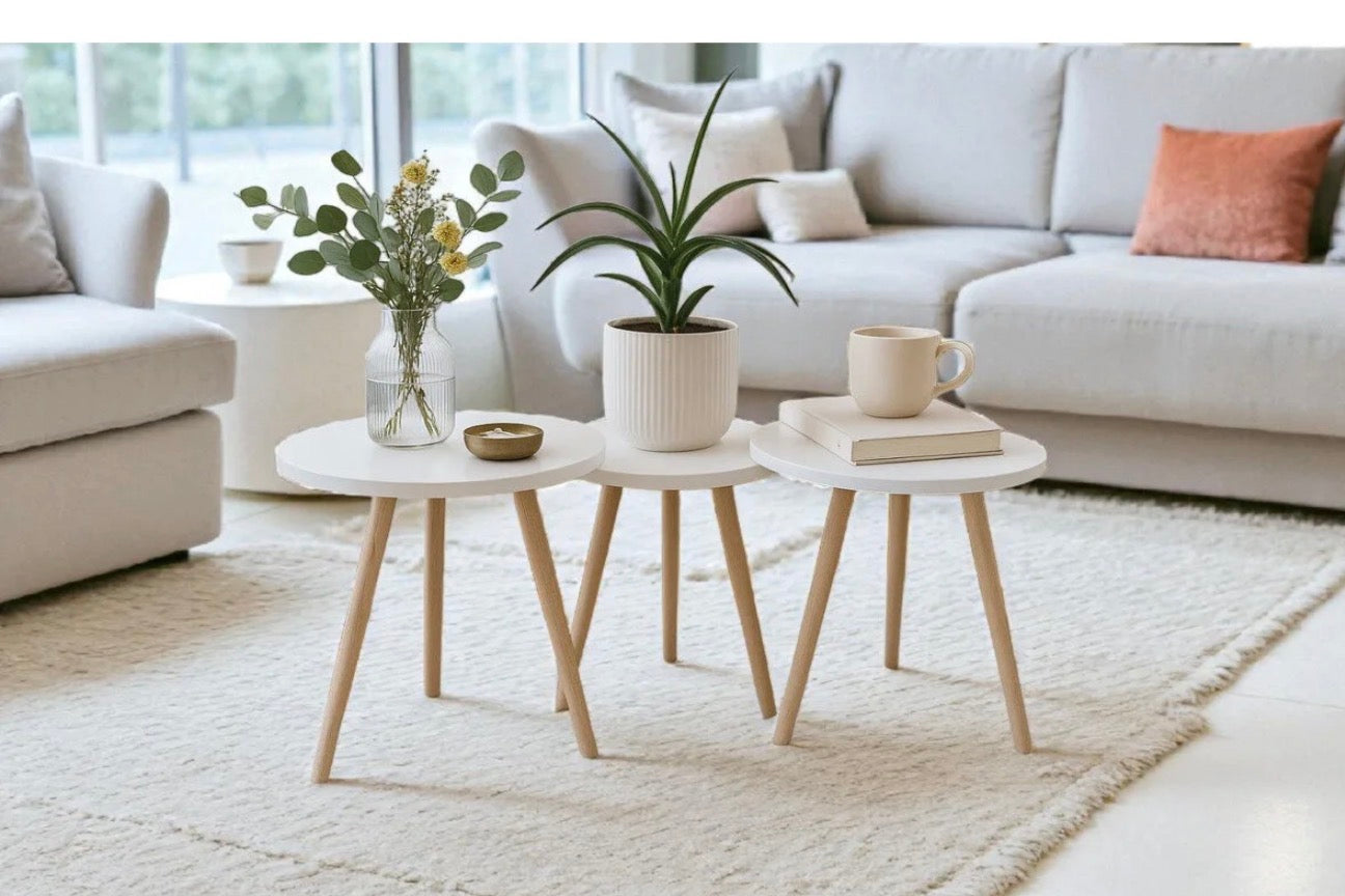 Hesa 1-3-Delt Blomsterbord / Z-Bord Sett – Hvitt Mønster | Sidebord, Plantebord og Dekorativt Bordsett