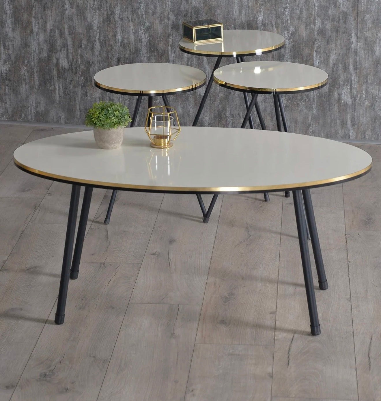 Goldfalez 3102 Sofabord + Zigonbord Sett (4 deler) – Svart &amp; Gull/Krem | Oval Design med Metallben