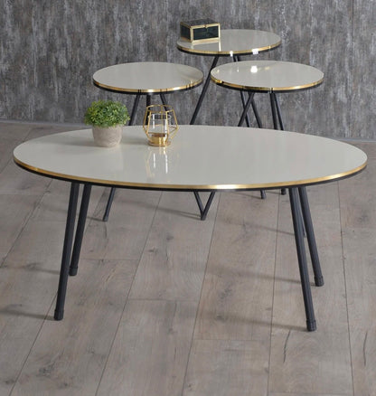 Goldfalez 3102 Sofabord + Zigonbord Sett (4 deler) – Svart &amp; Gull/Krem | Oval Design med Metallben