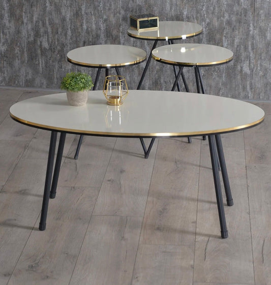 Goldfalez 3102 Sofabord + Zigonbord Sett (4 deler) – Svart &amp; Gull/Krem | Oval Design med Metallben