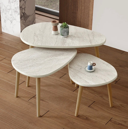 Kagu MDF Alvin Zigon – Salongbord Sett 3 Deler (Travertin Marmorlook)