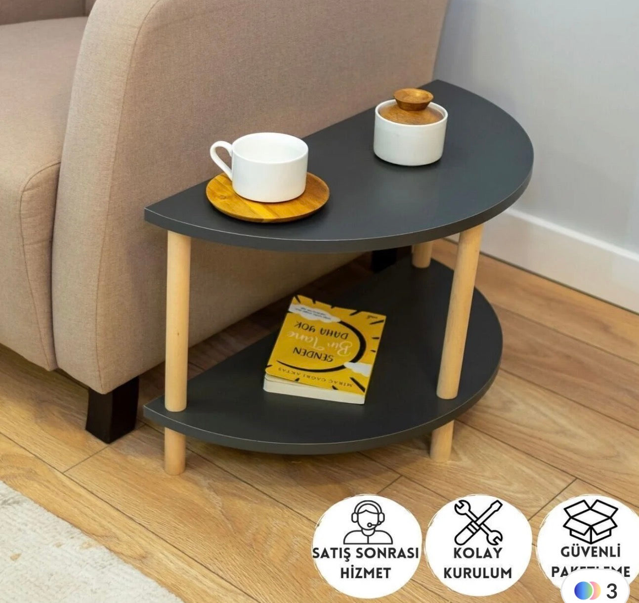 PEKA Rundt Sofabord i Kahvernt med To Hyller – Skandinavisk og Moderne Design, 60x60 cm