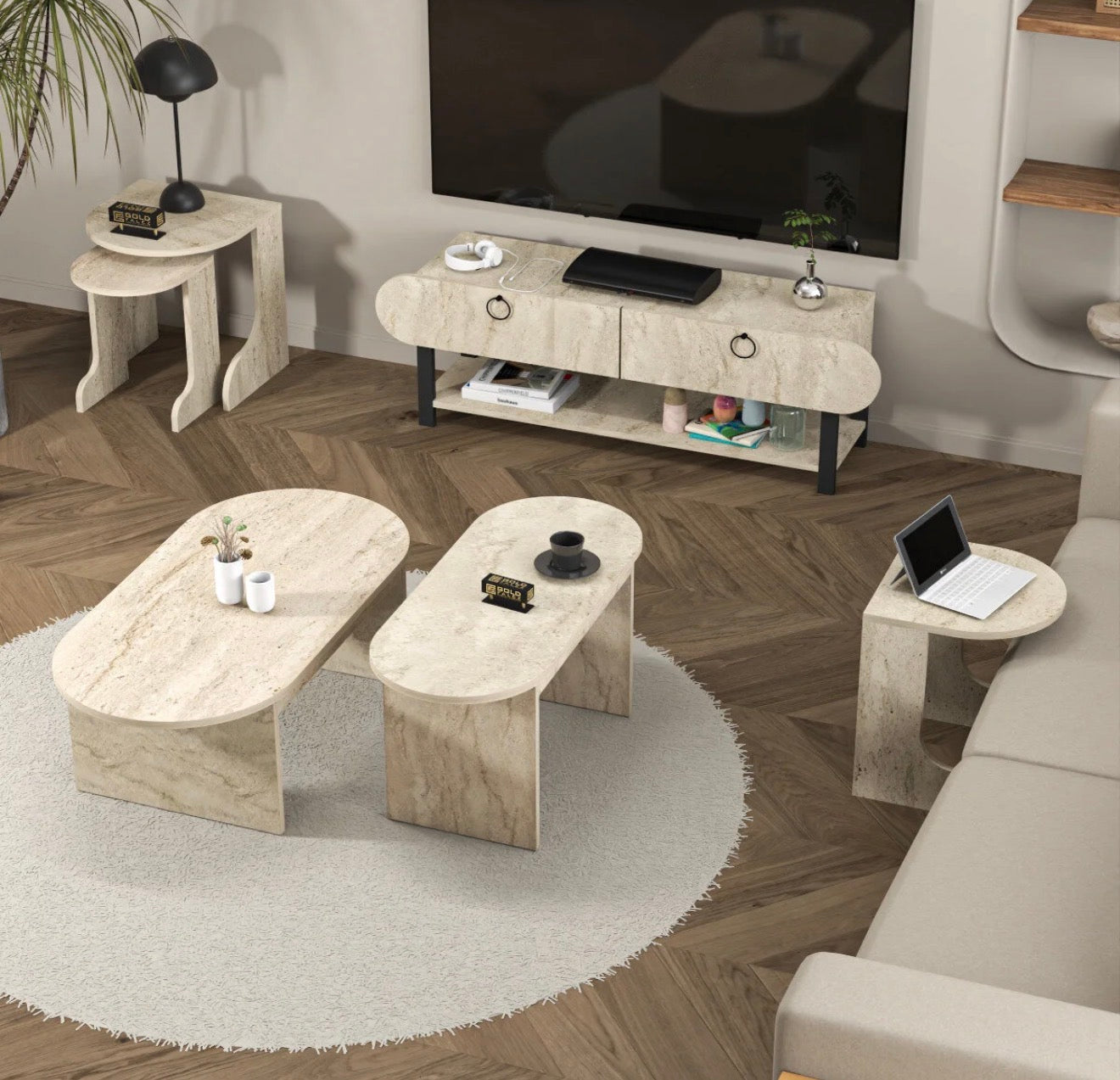 GOLDFALEZ 3 Sofabord &amp; Sidebord Sett (2 stk) – Travertin / Marmor Look | Skandinavisk Design