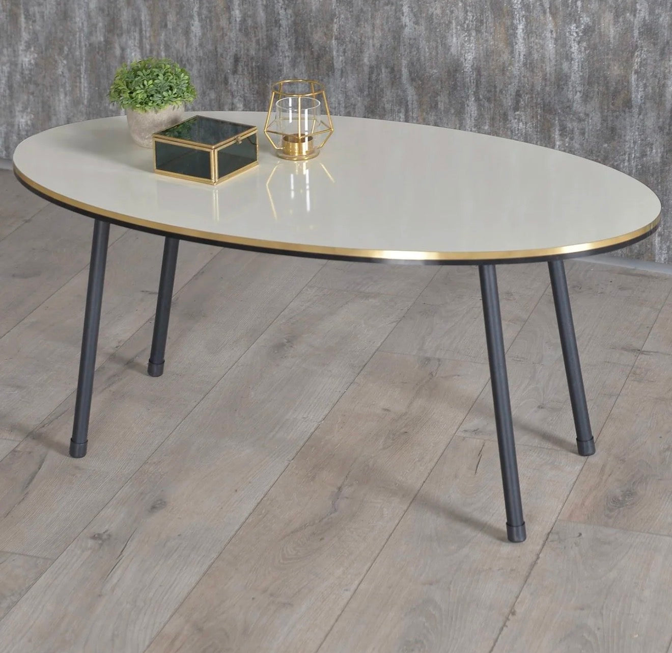 Goldfalez 3102 Sofabord + Zigonbord Sett (4 deler) – Svart &amp; Gull/Krem | Oval Design med Metallben
