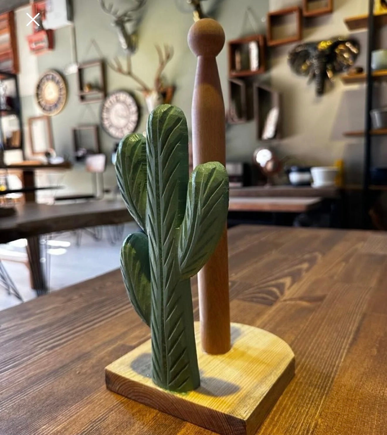 Kütük Shop 11-Håndlaget Treserviettholder / Kjøkkenpapirrullholder – Kaktusdesign, Mintgrønn